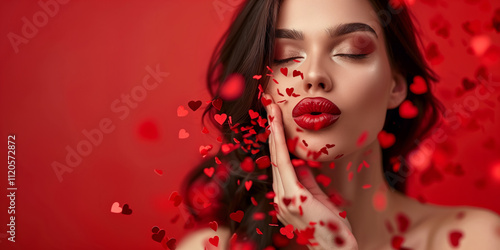 Beauty woman blowing air kiss with closed eyes and red lipstick surrounded by red hearts confetti on red background for valentine's day