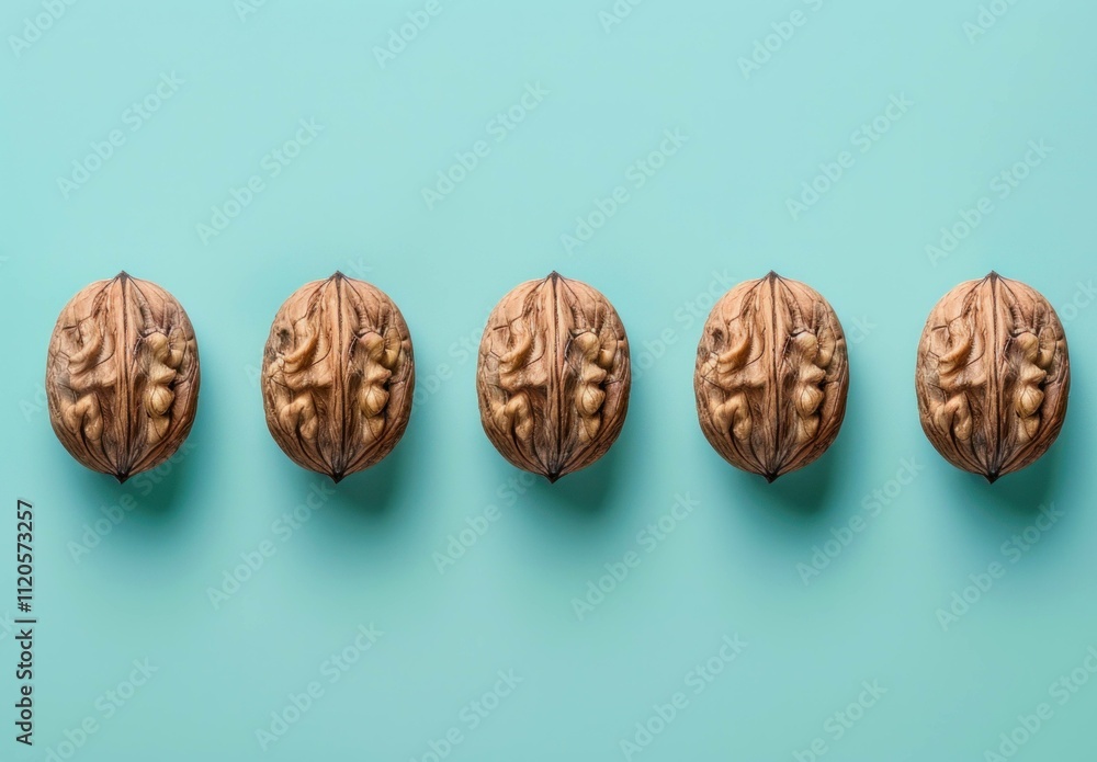 Five intricately designed walnut shells arranged in a row on a pastel blue background, showcasing natural textures and patterns. Five intricately designed walnut shells arranged in a row on a pastel blue background, showcasing natural textures and patterns.