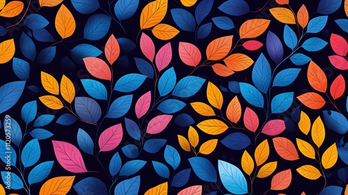 Abstract autumn leaf pattern, vivid and colorful with shades of blue, orange, pink, and yellow against a deep black background, suitable for seasonal print