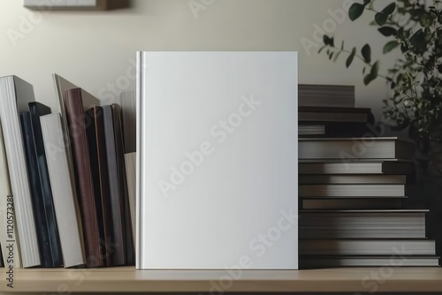 A blank book stands among stacked books on a shelf, suggesting potential for creativity. photo