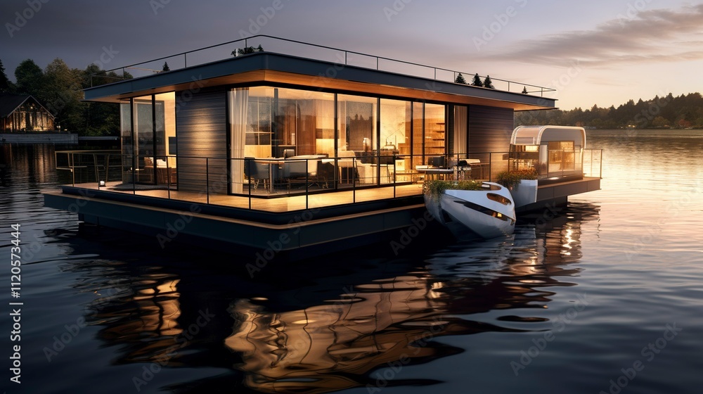 Obraz premium Luxury floating house with illuminated interior at dusk,