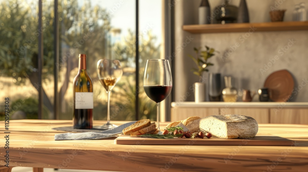 Red and white wine glasses, bottle, cheese, and bread on wooden table, sunlit room. Red and white wine glasses, bottle, cheese, and bread on wooden table, sunlit room.