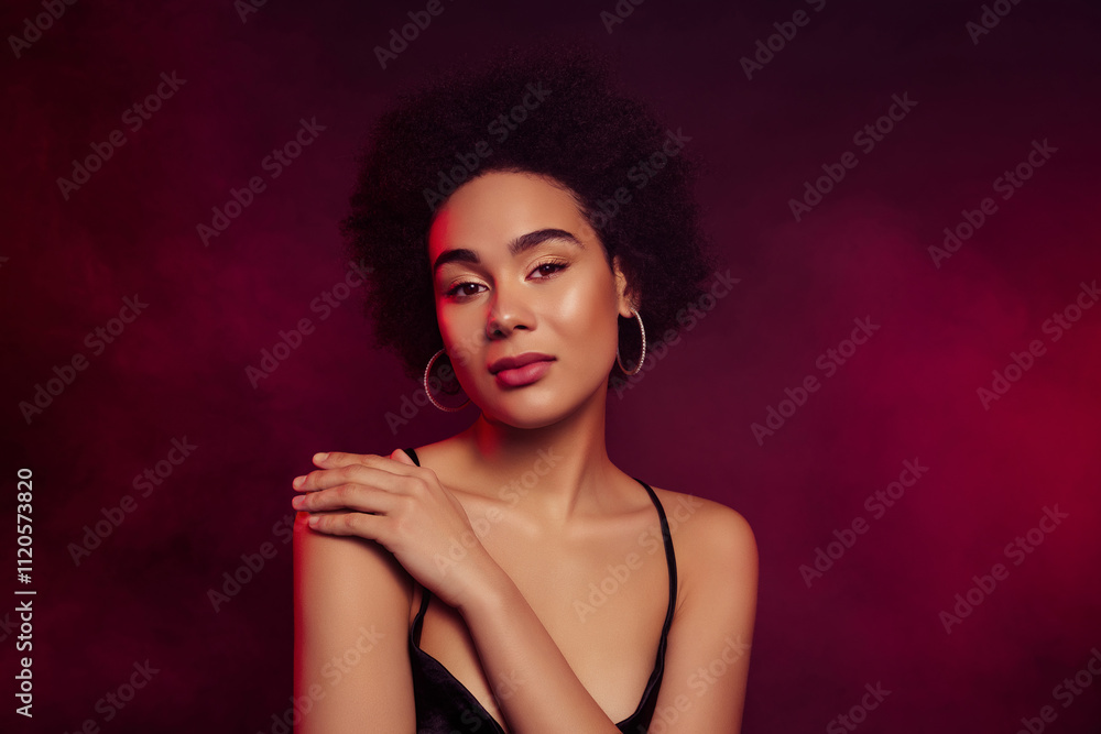 Fototapeta premium Photo of tender gentle young lady enjoying healthy smooth silky skin isolated on dark red color background