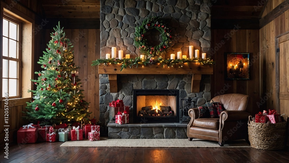 A glowing fireplace surrounded by rustic wooden walls, a beautifully decorated Christmas tree, and festive ornaments in a cozy holiday setting A glowing fireplace surrounded by rustic wooden walls, a beautifully decorated Christmas tree, and festive ornaments in a cozy holiday setting