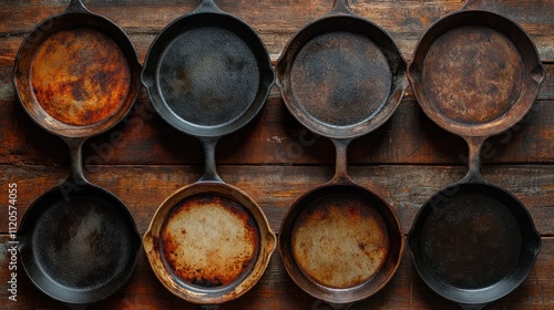 Eight vintage cast iron skillets arranged on rustic wood.