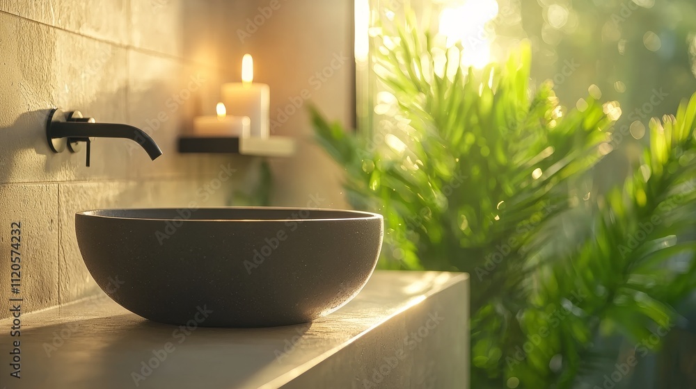 Fototapeta premium Small bathroom, black fixtures, wall-mounted sink, floating decor shelf, candles and plants