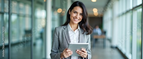 A confident businesswoman in a modern office setting, smiling while holding a digital tablet. The scene conveys professionalism, success, and technology in the workplace environment.

