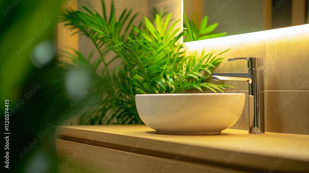 Small WC with warm lighting, wooden vanity with sink, green plants and art accents Small WC with warm lighting, wooden vanity with sink, green plants and art accents