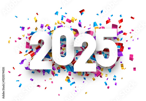 Festive vector illustration of 2025 with dynamic multicolored confetti on a clean white background, perfect for celebrations.