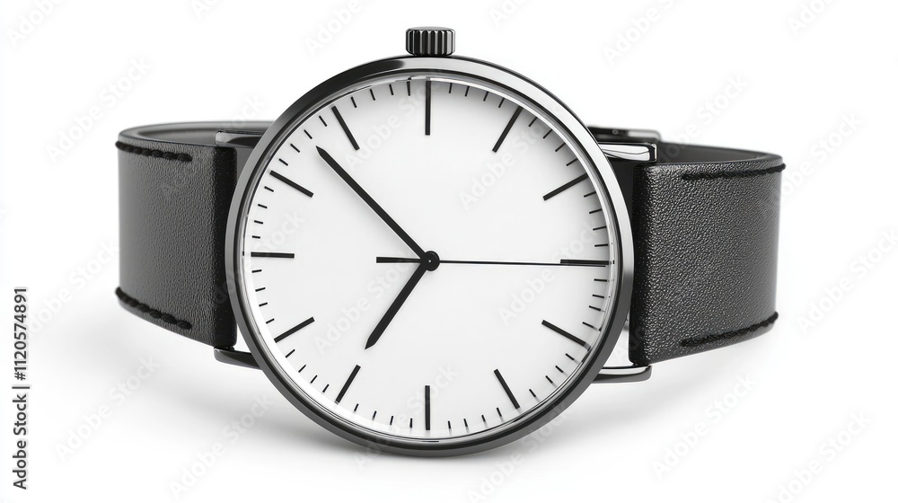 A minimalist wristwatch with a black leather strap and a simple white face. A minimalist wristwatch with a black leather strap and a simple white face.