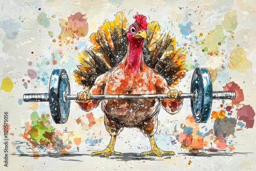 A Cartoon Turkey Lifting Weights in a Colorful Splash Background, Representing Strength, Fun, and Unique Fitness Themes for Thanksgiving and Holiday Promotions photo