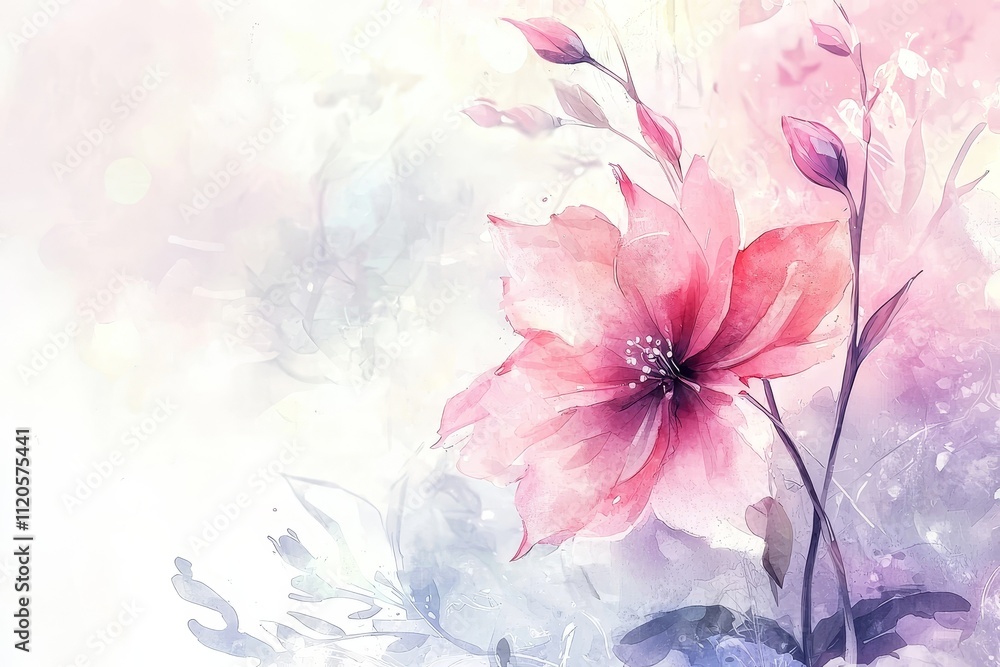Romantic and ethereal watercolor painting of a delicate pink flower surrounded by soft pastel hues, evoking feelings of tranquility and beauty in a dreamy setting. Romantic and ethereal watercolor painting of a delicate pink flower surrounded by soft pastel hues, evoking feelings of tranquility and beauty in a dreamy setting.