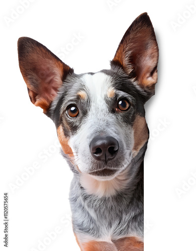 Australian cattle dog peeking around corner isolated on transparent background