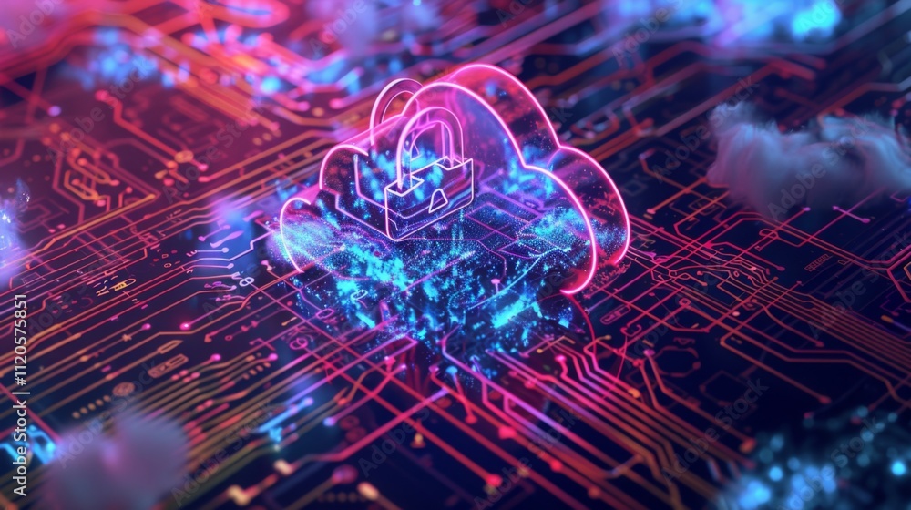 Abstract illustration of cloud security services, stylized cloud icon integrated with a secure padlock symbol, representing data protection and cybersecurity in cloud computing environments Abstract illustration of cloud security services, stylized cloud icon integrated with a secure padlock symbol, representing data protection and cybersecurity in cloud computing environments
