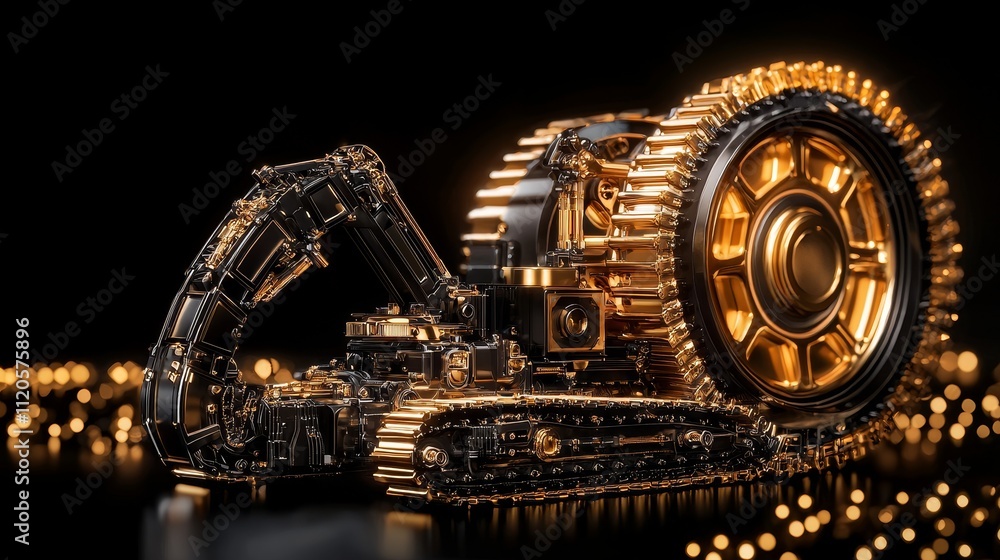 Fototapeta premium Gold dredge machine, detailed components with metallic shine