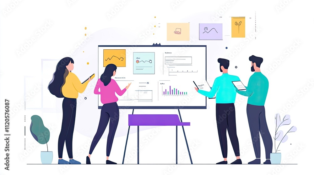 Fototapeta premium Team collaborating on a project using digital devices and a large whiteboard displaying charts and graphs.