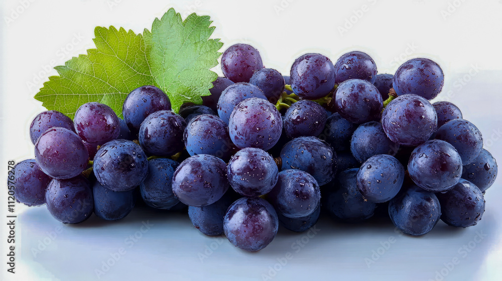 Fototapeta premium Fresh juicy purple grapes with green leaf and water droplets