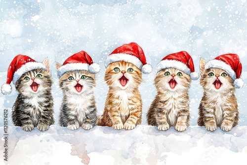 Adorable Group of Five Kittens Wearing Santa Hats Against a Snowy Background, Perfect for Holiday Greetings and Seasonal Decorations