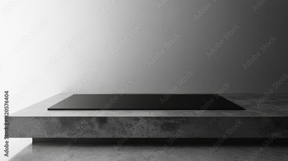 A minimalist kitchen countertop featuring a sleek black surface against a light wall. A minimalist kitchen countertop featuring a sleek black surface against a light wall.