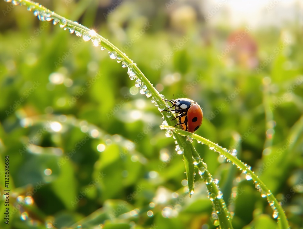 Fototapeta premium Ladybug on a dewy grass blade