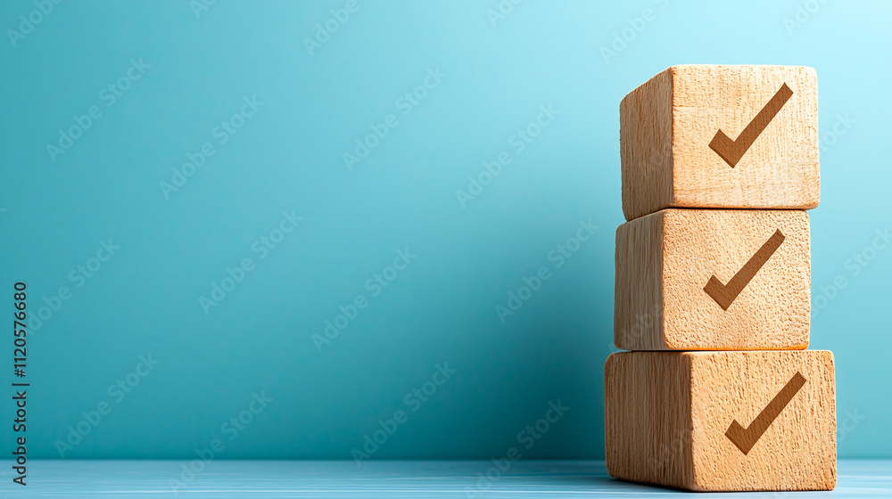 Obraz premium Three Wooden Cubes with Checkmarks on Teal Background