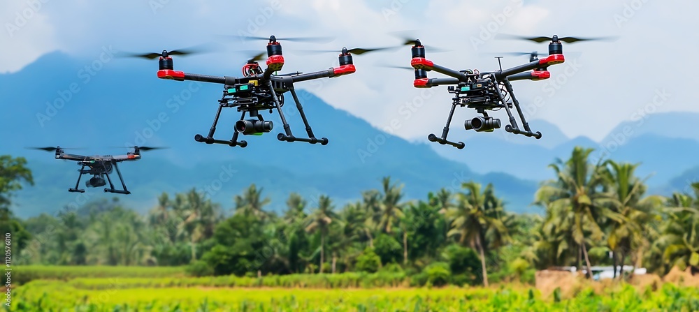 Drones are flying over a farm, gathering data to help monitor how crops are growing and to spot any pests in the field. Drones are flying over a farm, gathering data to help monitor how crops are growing and to spot any pests in the field.