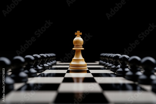 Single King Chess Piece on Center of Chessboard Surrounded by Black Pawns in Dramatic Focused Scene photo