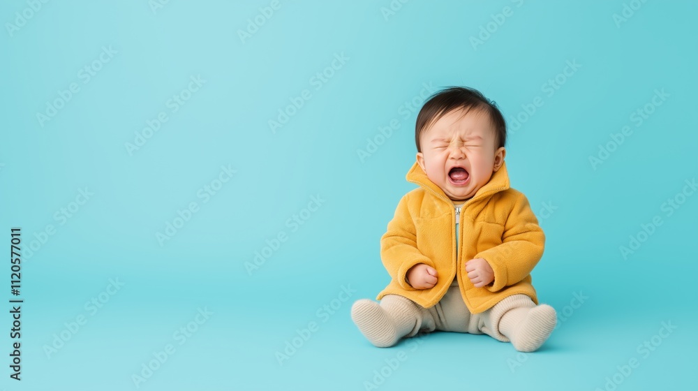 Baby in yellow jacket sitting on blue background while crying with expression of distress and emotion. Baby in yellow jacket sitting on blue background while crying with expression of distress and emotion.