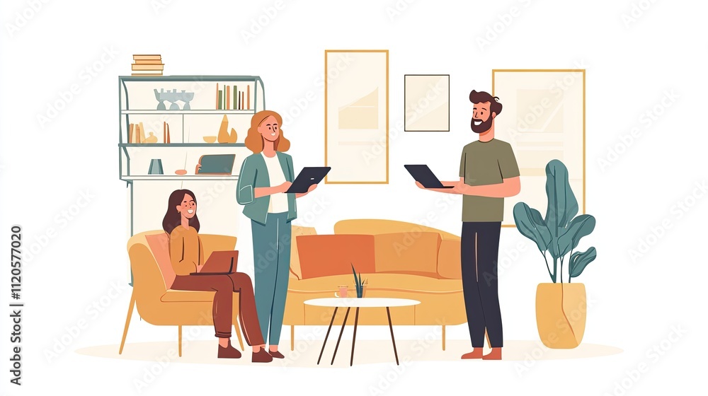 Three colleagues collaborate using tablets and laptops in a modern living room. Three colleagues collaborate using tablets and laptops in a modern living room.