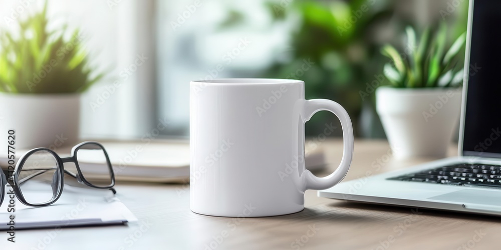 A blank mug sits on a desk next to glasses and a laptop, surrounded by green plants. A blank mug sits on a desk next to glasses and a laptop, surrounded by green plants.