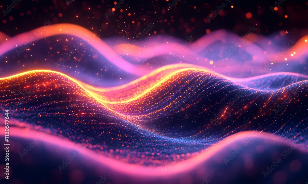 Abstract background with neon wavy lines interacting with floating light particles Abstract background with neon wavy lines interacting with floating light particles