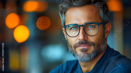 Mature caucasian male with glasses in warm lighting