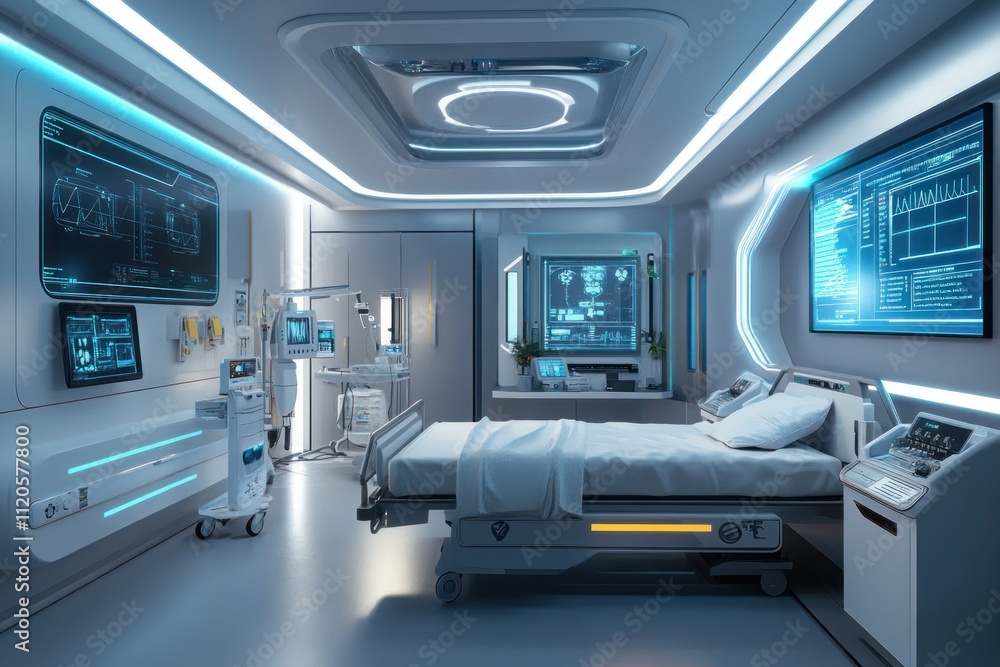 Futuristic hospital room with advanced medical technology and a comfortable bed. Futuristic hospital room with advanced medical technology and a comfortable bed.