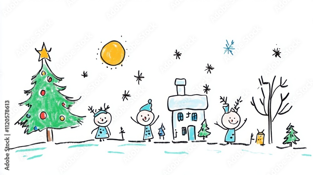Cheerful Hand-Drawn Winter Scene with Christmas Tree, Snowmen, House, and Snowflakes Under Bright Sun Cheerful Hand-Drawn Winter Scene with Christmas Tree, Snowmen, House, and Snowflakes Under Bright Sun