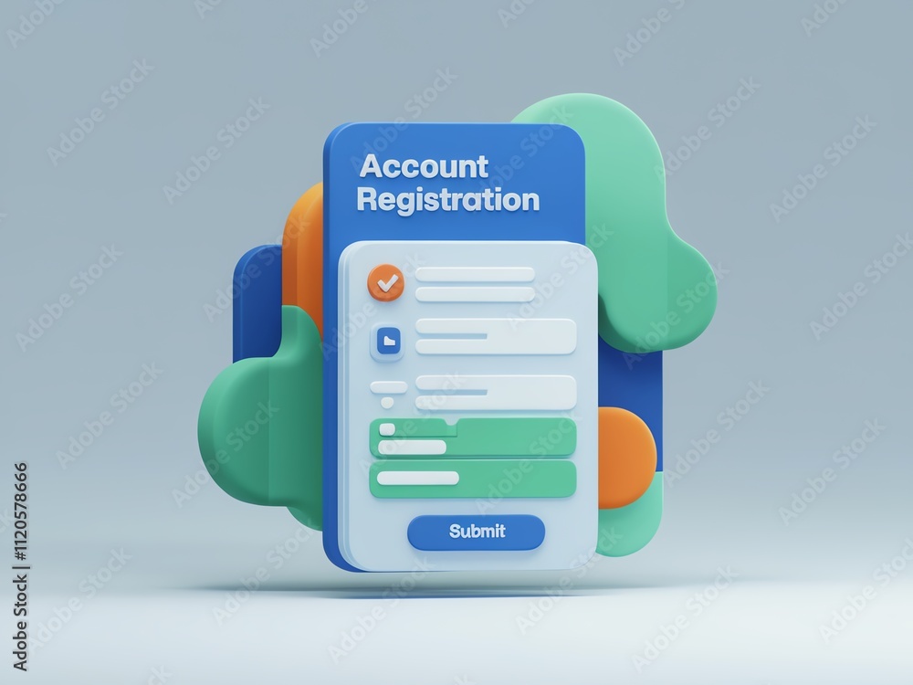 3D illustration of a colorful online account registration form on a modern abstract background.
