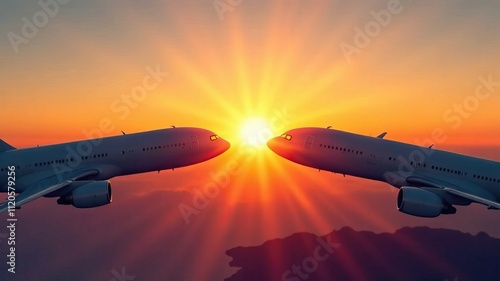 Two airplanes meet at sunrise against a vibrant sky creating a perfect heart shape in a unique valentine's day concept