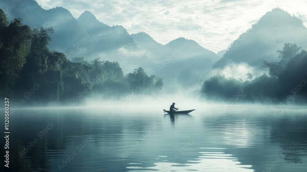 Fisherman fishing, surrounded by morning fog over the water generative ai Fisherman fishing, surrounded by morning fog over the water generative ai