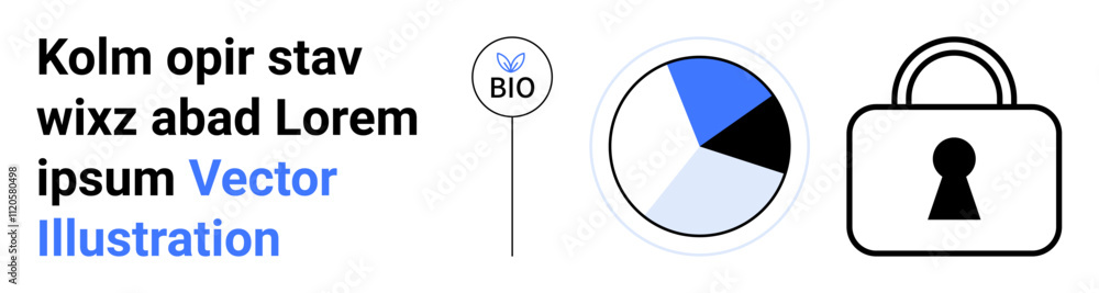 Placeholder text next to a plant icon labeled BIO, a segmented pie chart, and a shield lock. Ideal for data security, privacy, info management, biotech, analytics, secure finance website headers Placeholder text next to a plant icon labeled BIO, a segmented pie chart, and a shield lock. Ideal for data security, privacy, info management, biotech, analytics, secure finance website headers