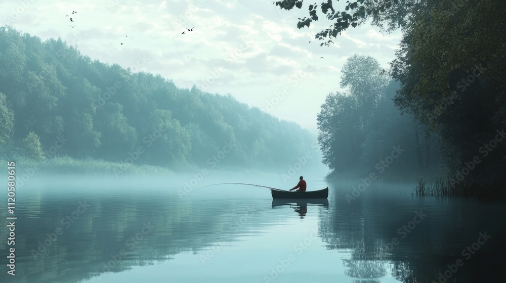 Fototapeta premium Fisherman installing fishing tackle, with a calm river and a distant forest, generative ai