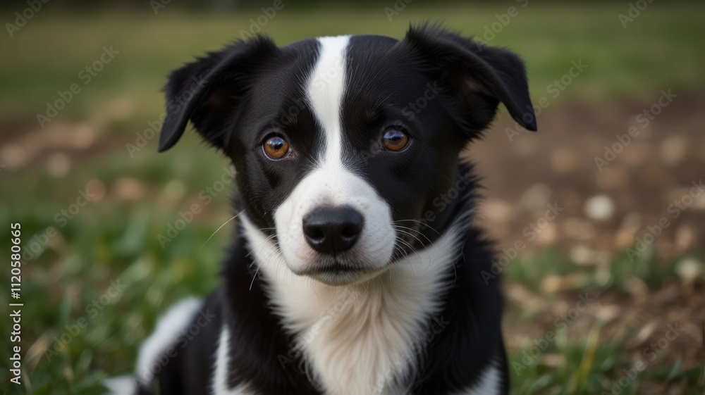 Adorable black and white puppy sitting in grass. Adorable black and white puppy sitting in grass.