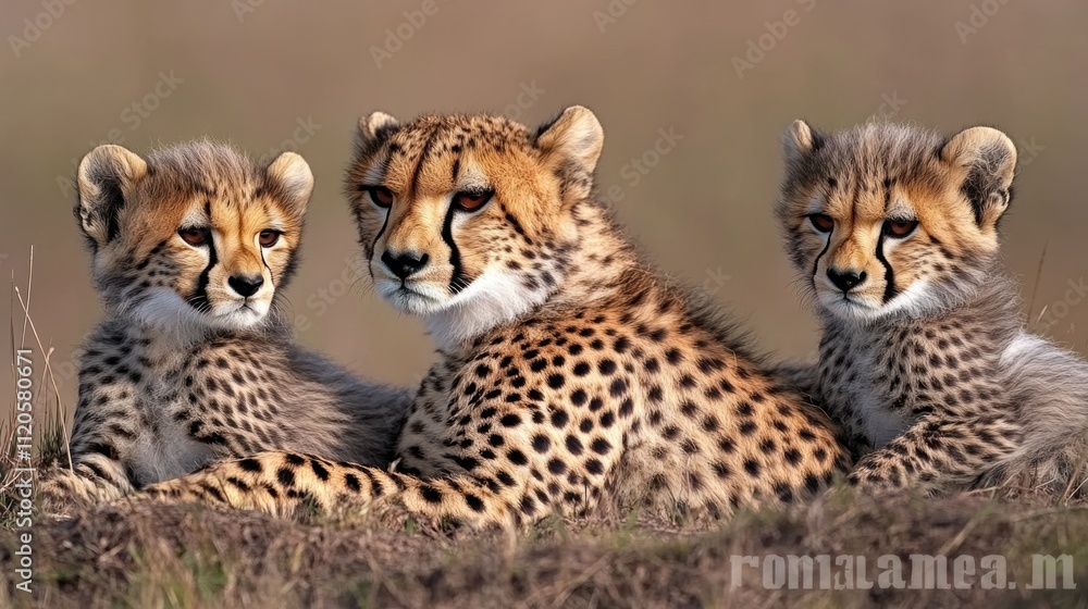 Mother cheetah resting with her two cubs in the african savanna Mother cheetah resting with her two cubs in the african savanna