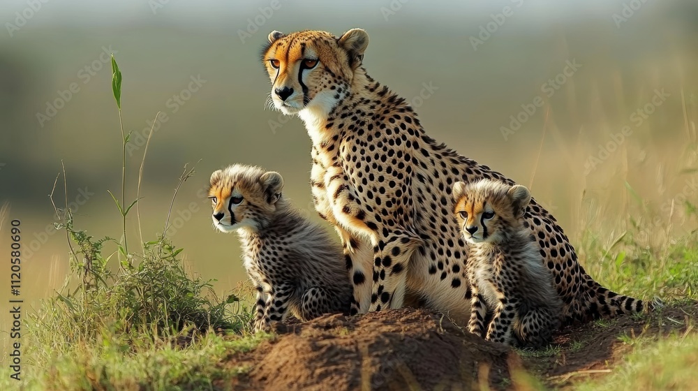 Mother cheetah sitting with two cubs in the african savanna Mother cheetah sitting with two cubs in the african savanna