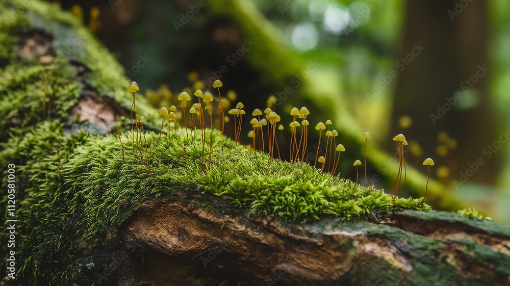 Close-up of lush green moss and tiny mushrooms on a fallen log in a serene forest setting.