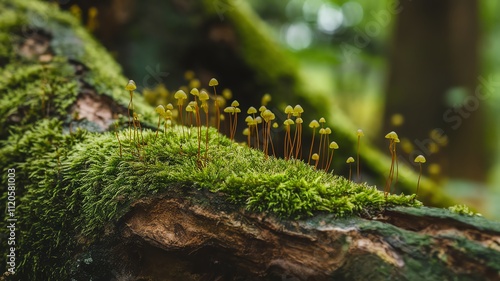 Obraz na płótnie Close-up of lush green moss and tiny mushrooms on a fallen log in a serene forest setting. w salonie