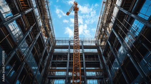 Low angle view of a construction crane inside a building under construction against a blue sky.