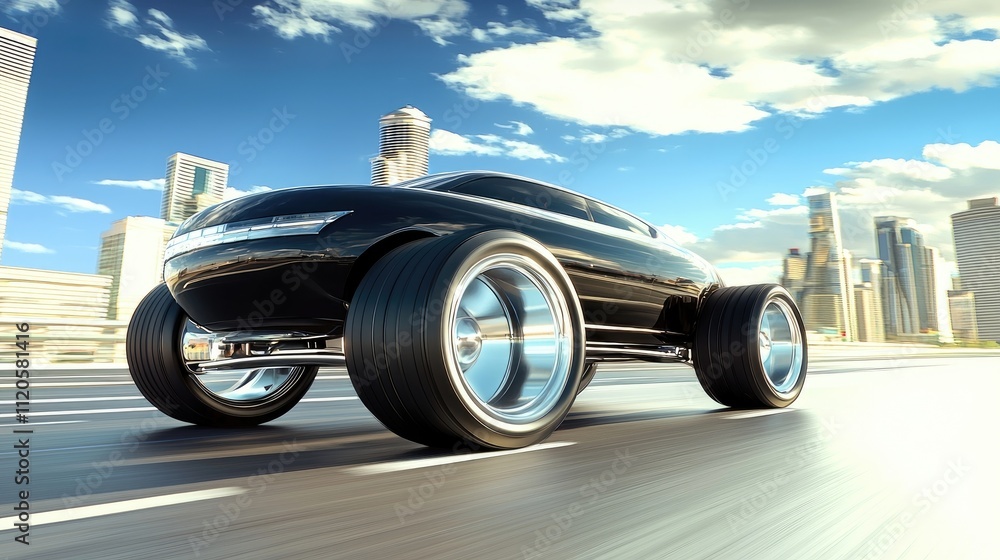A futuristic black car with oversized wheels driving through a cityscape. A futuristic black car with oversized wheels driving through a cityscape.