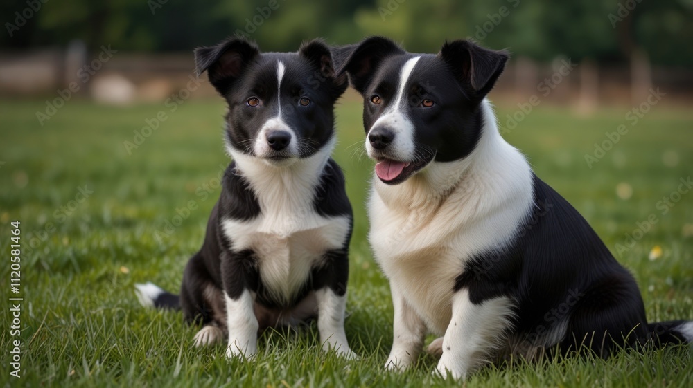 Two adorable black and white puppies sitting in green grass. Two adorable black and white puppies sitting in green grass.