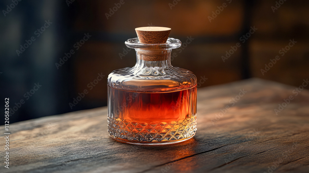 Elegant crystal decanter with rich amber liquor on rustic wood surface Elegant crystal decanter with rich amber liquor on rustic wood surface