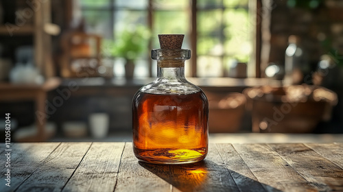 Sunlit glass bottle of amber liquid in rustic kitchen interior