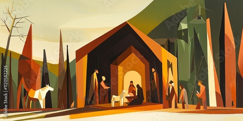 Modernist nativity with abstract angular representations, bold graphic style, olive green, rust, and off-white palette photo